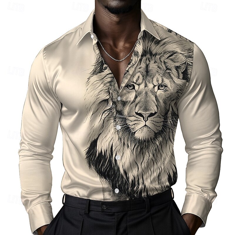 Men's Animal Lion Shirt Satin Shirt Dress Shirt Long Sleeve Vintage Retro Vacation Dailywear Summer Spring Fall Turndown 3D Print Button Up Shirts Black Khaki2