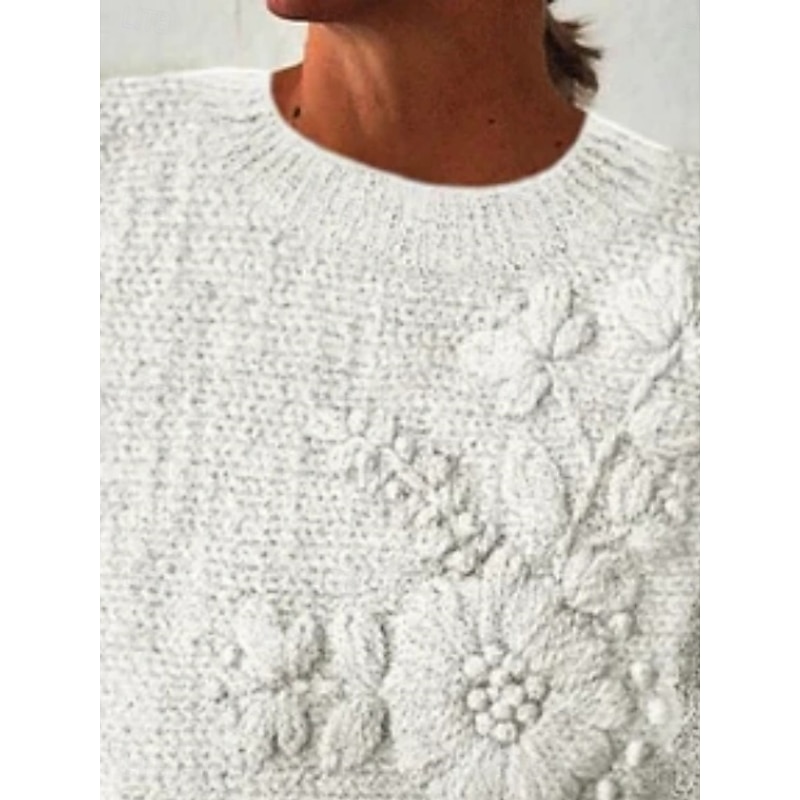 Women's Sweater Pullover Vacation Daily Casual Floral Ribbed Crew Neck Print Long Sleeve Regular Tops Knit Outdoor Daily Holiday White Green Fall Winter2