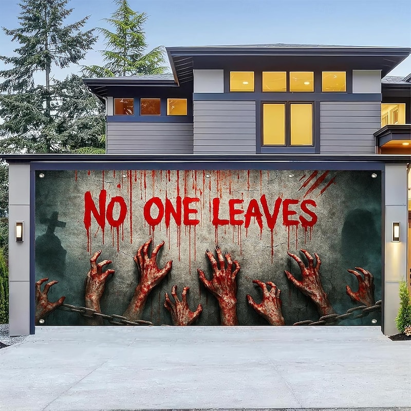 Halloween Garage Door Cover Large Hanging Backdrop Bloodstains 3D Dark Punk Gothic Style Party Outdoor Shooting Backgrounds Yard Haunted House Home Decor2