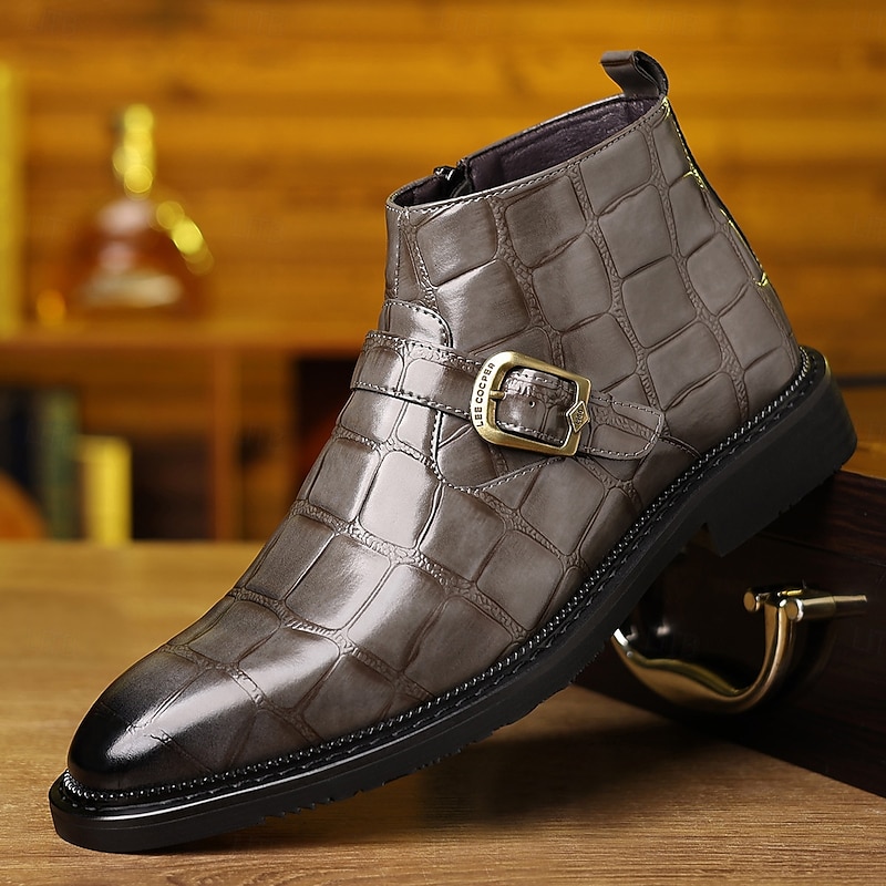 Men's Brown Crocodile Embossed Monk Strap Boots – Vintage Faux Leather Buckle Ankle Boots for Formal Events and Stylish Fall Outfits3