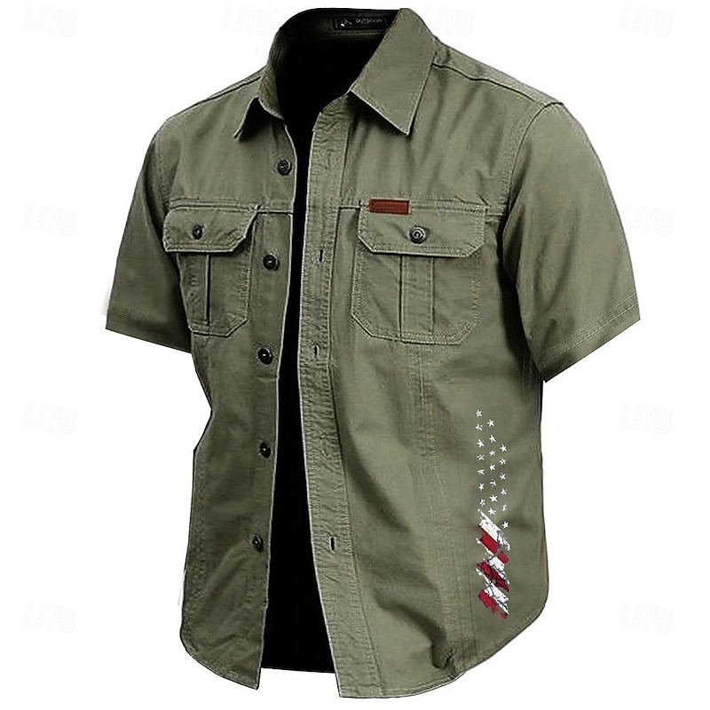 Men's American US Flag Work Shirt Western Shirt Cargo Shirt Short Sleeve Casual Tactical Sports Outdoor WorkWear Summer Spring Turndown Front Two Pockets Cotton Button Up Shirts Army Green Khaki Dark
