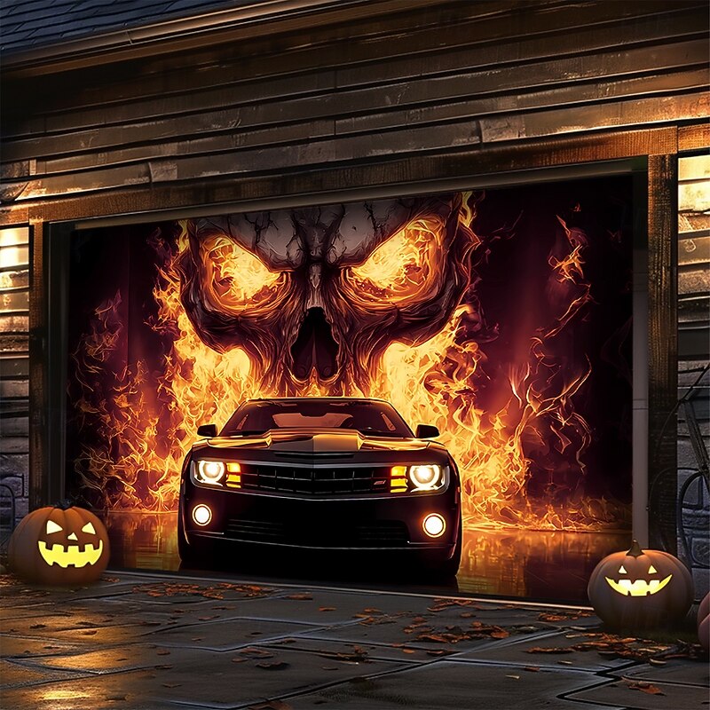 Halloween Garage Door Cover Large Hanging Backdrop Skeleton Flame Car Dark Punk Gothic Style Party Outdoor Shooting Backgrounds Yard Haunted House Home Decor3