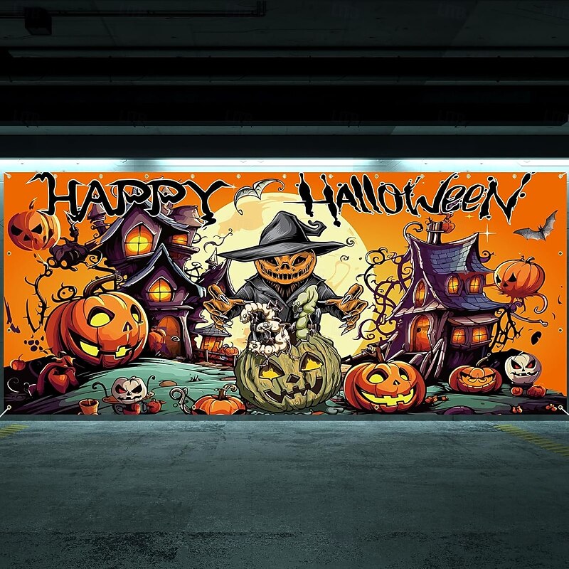 Halloween Garage Door Cover Large Hanging Backdrop Pumpkin Scarecrow Dark Punk Gothic Style Party Outdoor Shooting Backgrounds Yard Haunted House Home Decor3