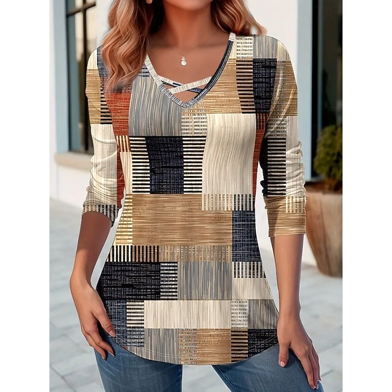 Women's T Shirt Graphic Geometry Vintage Stylish Classic Long Sleeve V Neck Regular Tops Daily Cut Out Print Khaki Spring Fall