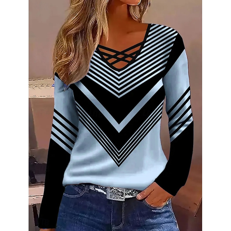 Women's T Shirt Graphic Geometric Vintage Stylish Classic Long Sleeve V Neck Regular Tops Daily Cut Out Print White Pink Blue Purple Green Spring Fall2