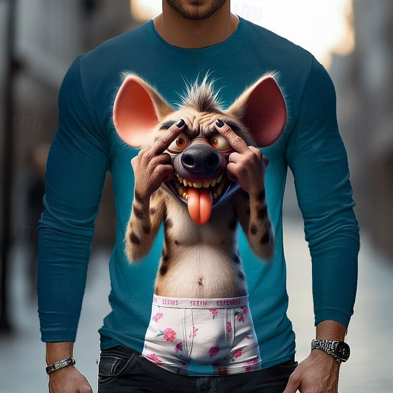 Men's Animal Funny Hyena T Shirt Long Sleeve T shirt 3D Print Crew Neck Shirt Fashion Basic Street Casual Daily Light Blue Blue Green Summer Spring Clothing Apparel S M L XL XXL XXXL