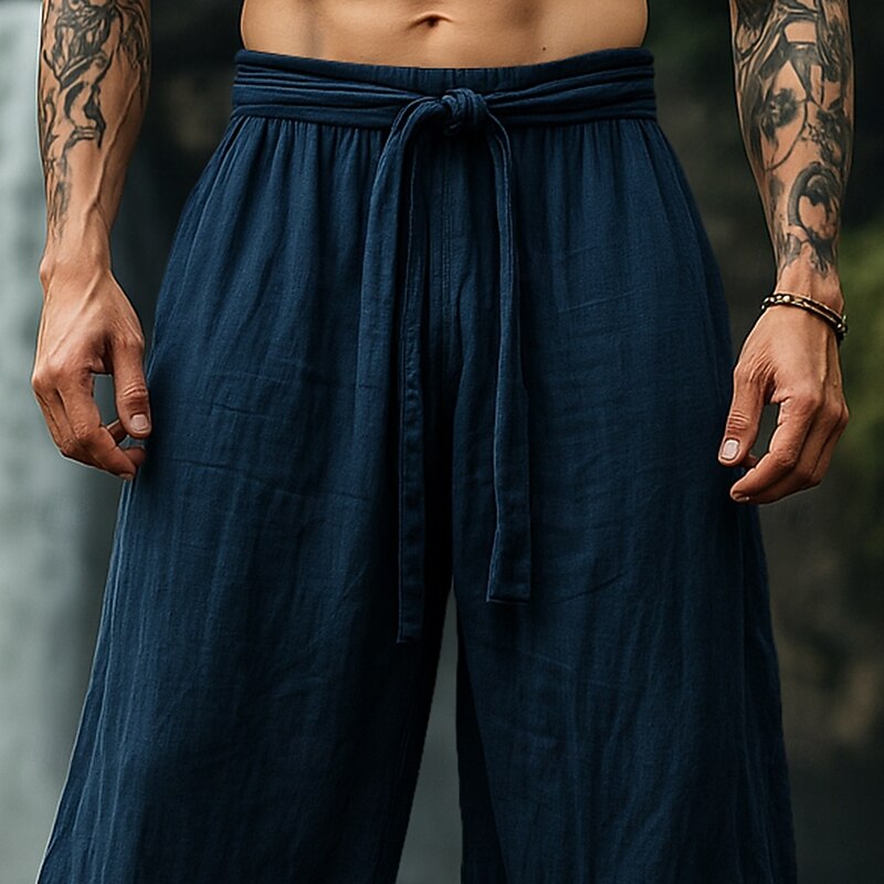 Men's Linen Pants Summer Pants Baggy Pants Elastic Cuff Plain Comfort Breathable Knee Length Outdoor Casual Daily Vacation Vintage Army Green Red Inelastic2