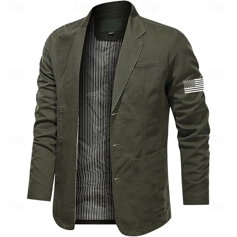 Men's US Flag Cotton Suit Jacket Suits Coat Blazer Casual Outdoor Dailywear Long Sleeve Notch Lapel Collar Outwear Pockets Button Down Stripe Lined Suit Jacket Fall Winter Black khaki Army Green