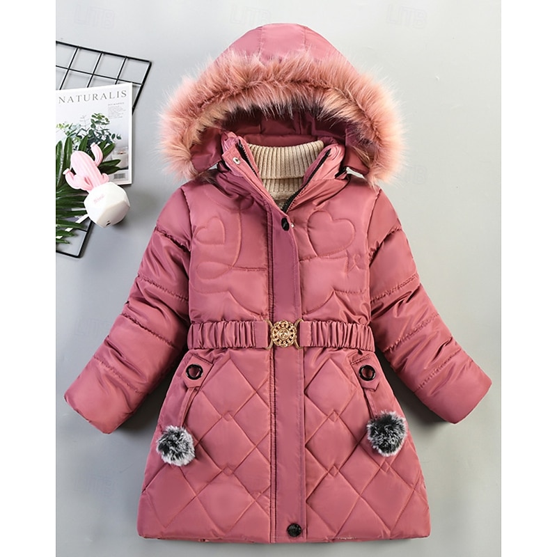 Kids Girls' Down Coat Solid Color Fashion Fur Trim Zipper Pocket School Coat Outerwear 4-12 Years Winter Pink Wine Navy Blue3