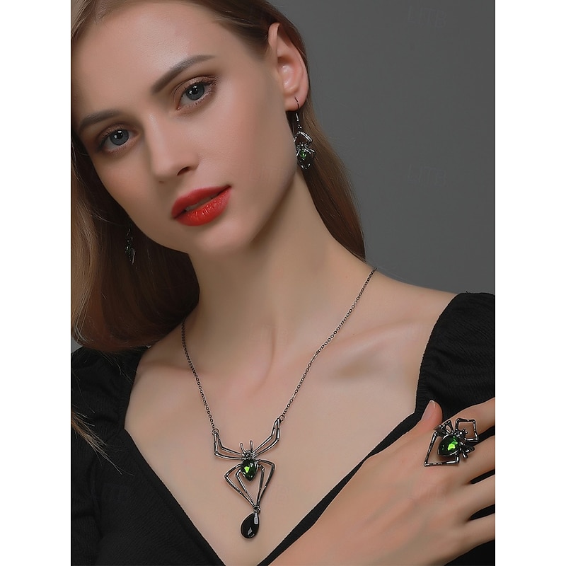 Women's Halloween Spider Jewelry Set – Gothic Necklace, Earrings and Ring with Green Crystal Accents, Costume Accessories for Party and Cosplay4
