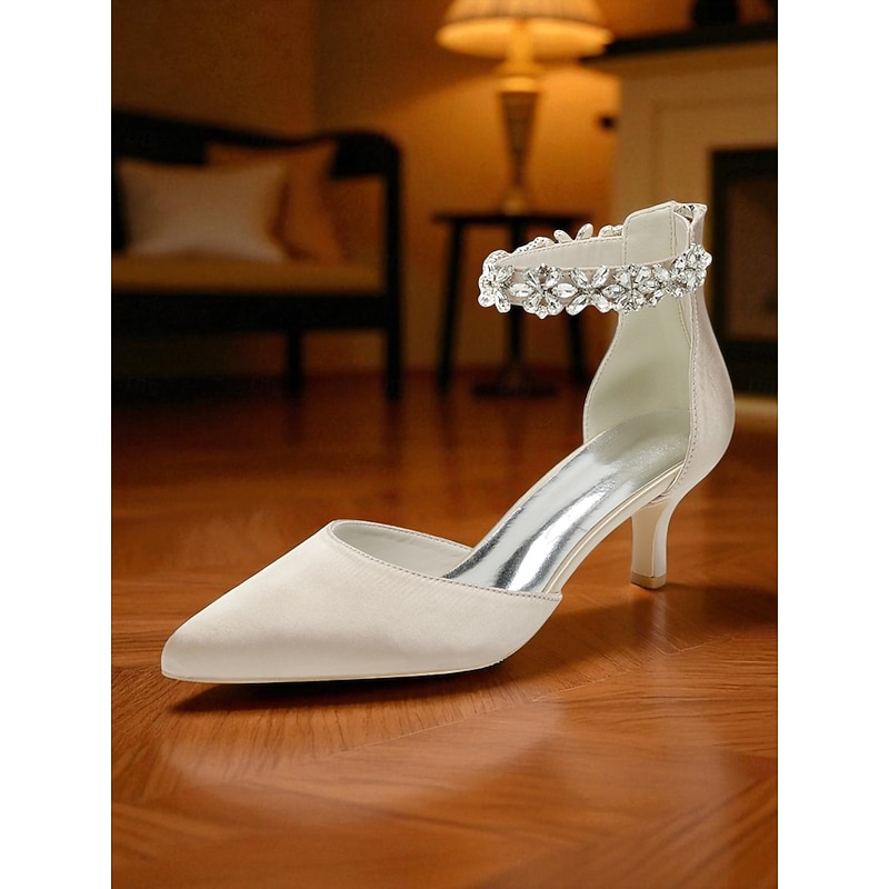 Women's Teal Satin Pointed Toe Heels with Crystal Floral Ankle Strap, Elegant High Heels for Cocktail Parties