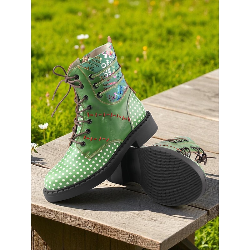 Women's Green Polka Dot Leather Lace-Up Ankle Boots with Colorful Patchwork Design, Comfortable Flat Heel Casual Outdoor Footwear3