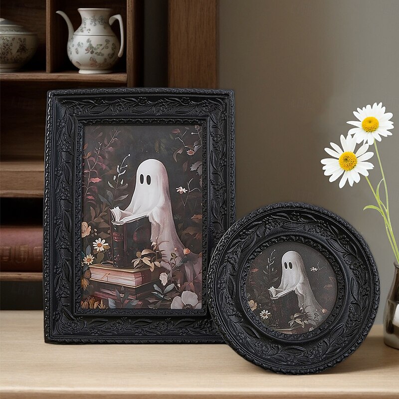 2PCS Halloween Ghost Resin Picture Frames with Ivy Pattern 3D Reading Ghost Design Home Decor for Halloween Party Bedroom Living Room3