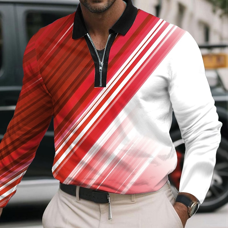 Men's Abstract Geometic Polo Long Sleeve Polo Shirts Lapel Business Casual Athleisure Daily Wear 3D Print Quarter Zip Polo Spring Fall Winter Red Blue Green3