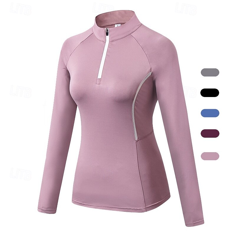 Women's Workout Shirt Stand Collar Quick Dry Quarter Zipper Long Sleeve Sports Solid Color Top For Gym Athletic Sports Activewear