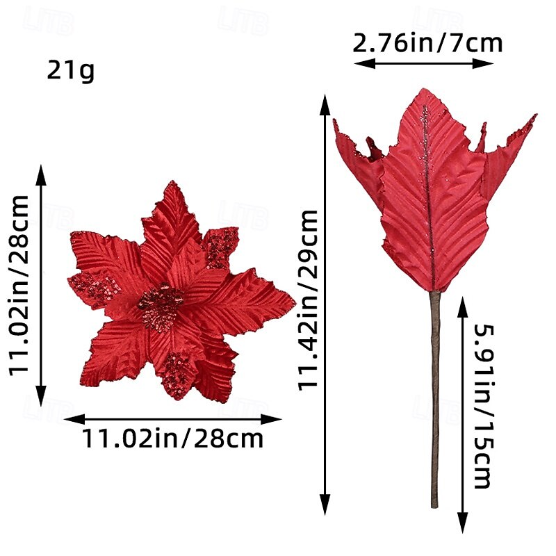 1pc Christmas Poinsettia Artificial Flower, Creative Ruffled Petals with Gold Glitter, Faux Holiday Floral, Christmas Tree Decoration Prop4