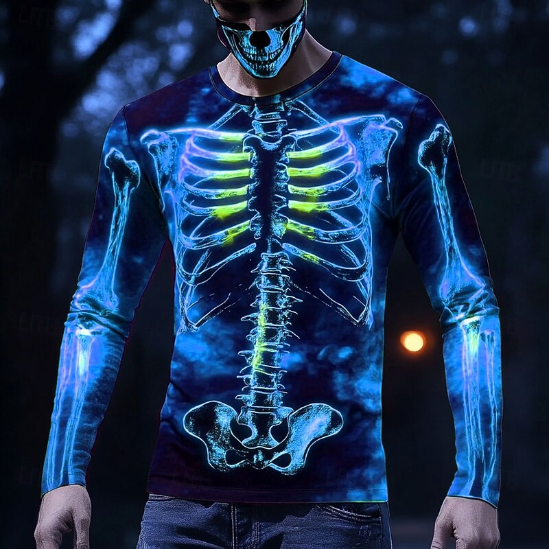 Halloween Day of the Dead Skull Men's 3D Skeleton T Shirt Long Sleeve T shirt 3D Print Crew Neck Shirt Fashion Exaggerated Street Casual Daily Spring Fall Clothing Apparel4