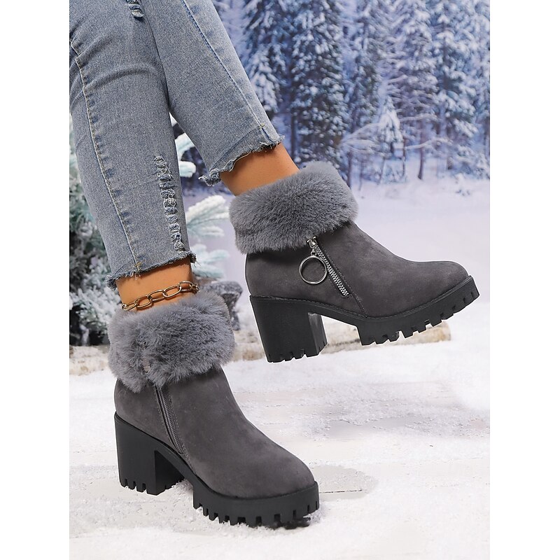 Women's Grey Fur Lined Suede Ankle Boots – Warm Chunky Heel Lug Sole Winter Booties with Side Zipper for Cold Weather2