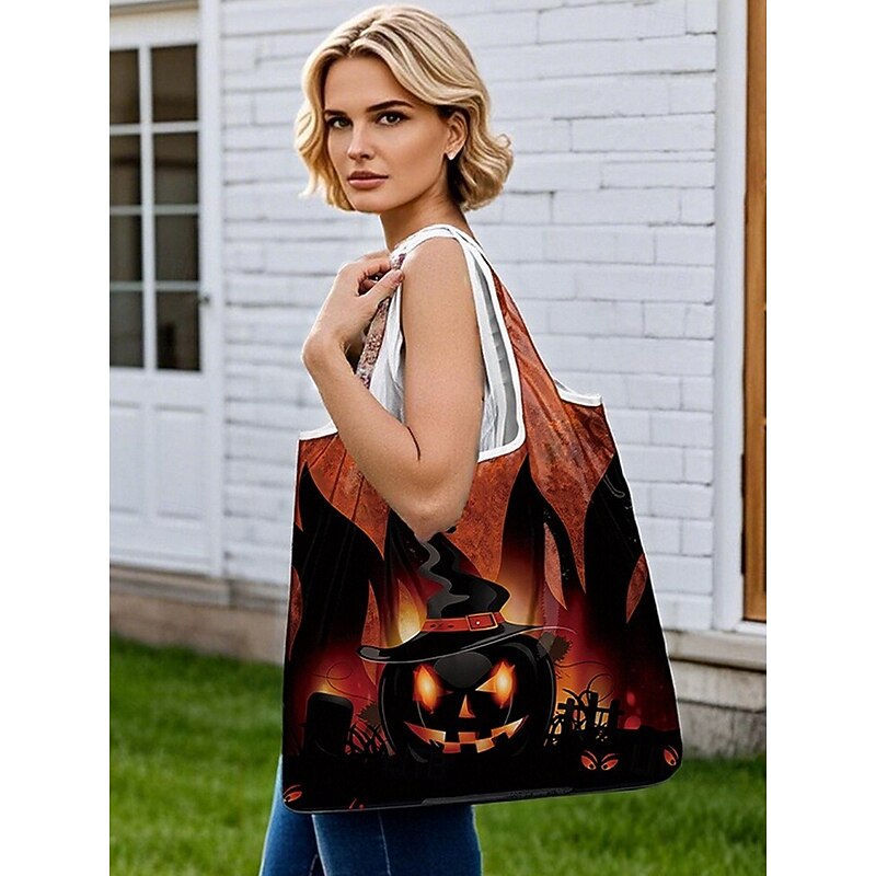 Women's Halloween Pumpkin Tote Bag - Foldable Reusable Shopping Shoulder Bag with Pumpkin Pattern for Casual, Party and Daily Use3