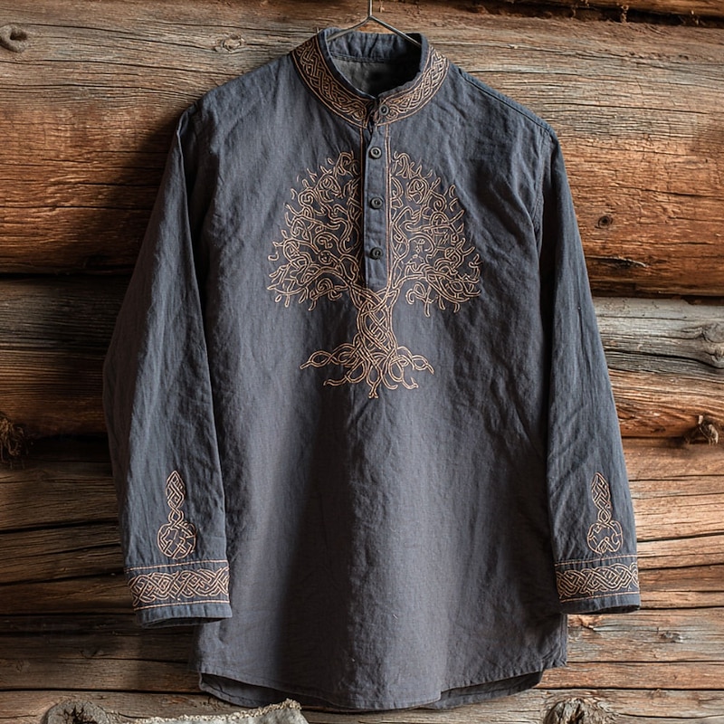 Men's Tree Of Life Shirt Henley Shirt Stand Collar Shirt Long Sleeve Vintage Retro Vacation Casual Summer Spring Mandarin Buttons Linen Like Shirt Purple Brown Green Gray