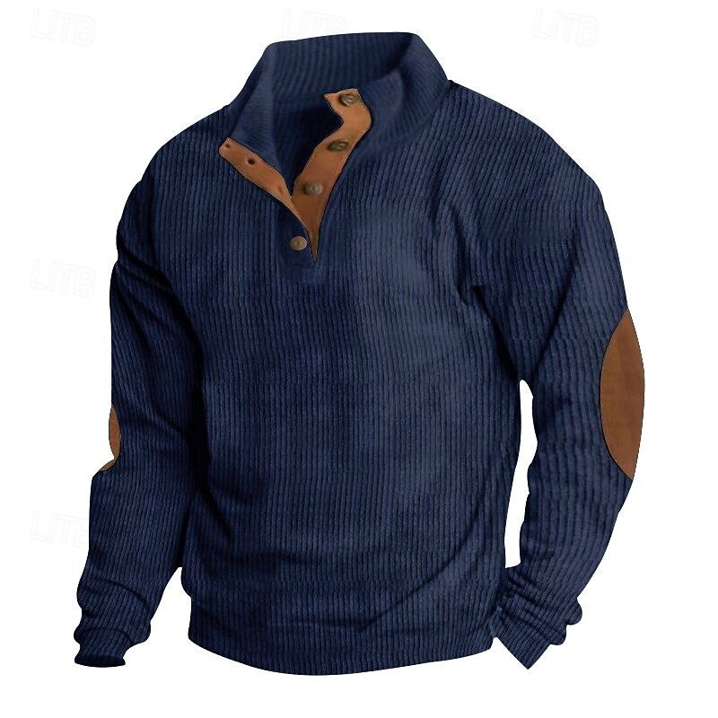 Men's Sweatshirt Corduroy Pullover Hoodie Sweatshirt Pullover Button Up Hoodie Apricot Denim Blue Black White Army Green Standing Collar Plain Patchwork Sports & Outdoor Casual Daily Cotton Polyester4