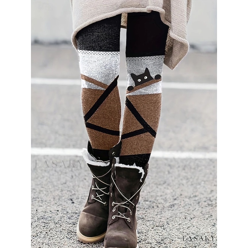 Women's Pants Trousers Leggings Cozy Leggings Streetwear Casual Full Length High Waist Geometric Cat Elastic Waist Print Breathability Comfortable Stretchy Vacation Street Daily Wear Red Purple Khaki3