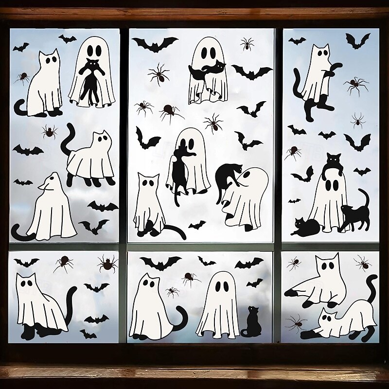 6 Sheet Halloween Ghost Window Clings, Cute White Ghosts, Black Cats, Bats, Spiders Static Glass Stickers, Removable Holiday Party Window Decorations