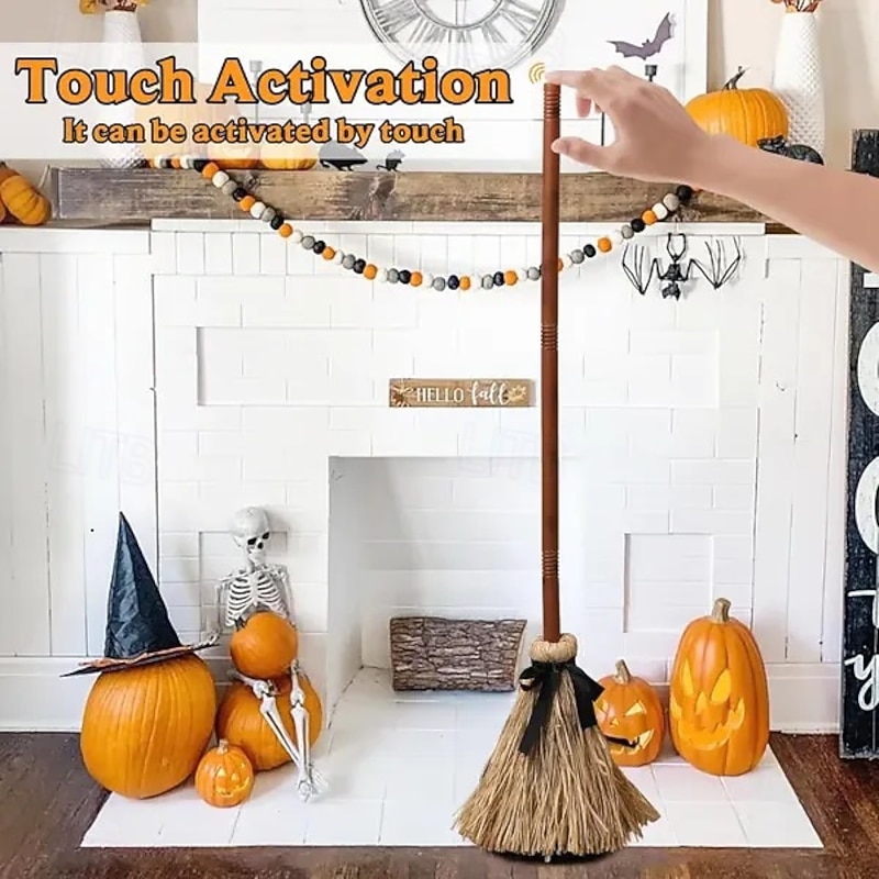 Halloween Floating Broom Dancing Witch 43.5 Inches Tall Animated Floating Witch's Broom Haunted Dancing Broom for Indoor Party Home Floor Decor3
