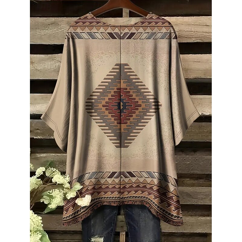 Women's Blouse Graphic Geometric Vintage Daily Casual Half Sleeve Batwing Sleeve Crew Neck Regular Tops Daily Holiday Beach Wear Asymmetric Black White Blue Green Khaki Summer Spring2