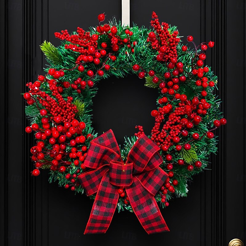 Christmas Wreath for Front Door Xmas Indoor Outdoor Decoration with Red Black Plaid Bow Rustic Style Faux Berry Rattan Garland for Holiday Home Window Shop Display2