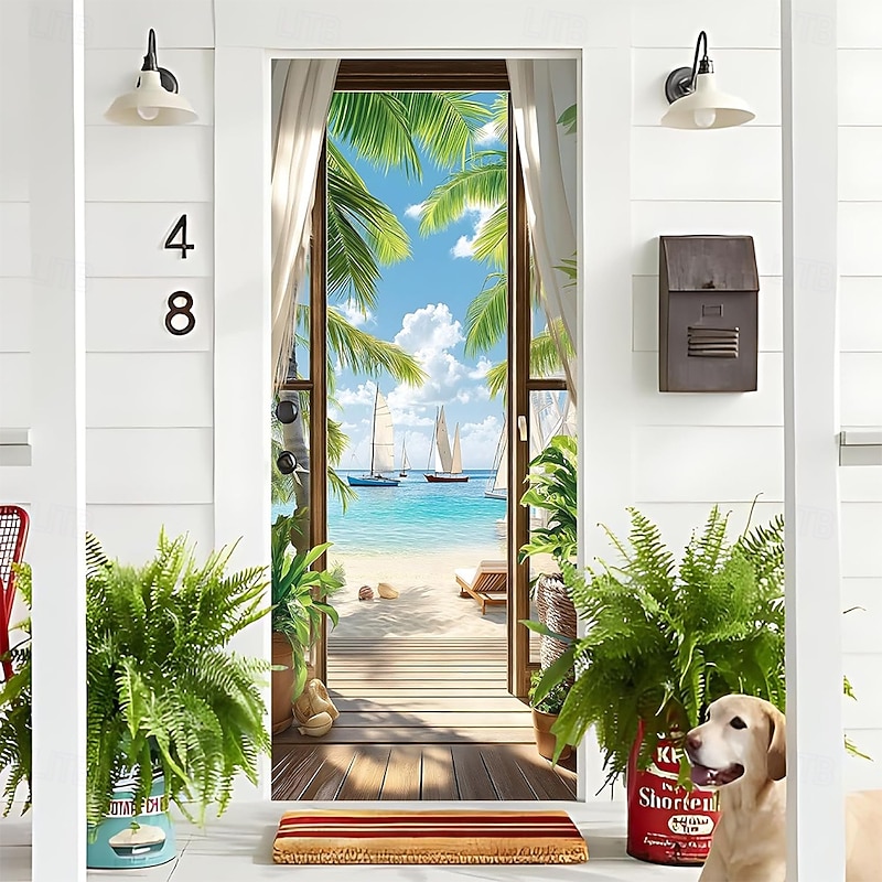 Door Cover Outdoor Banners Optical Illusion Beach Vacation Mediterranean Bedroom Living Room Front Door Home Decor2