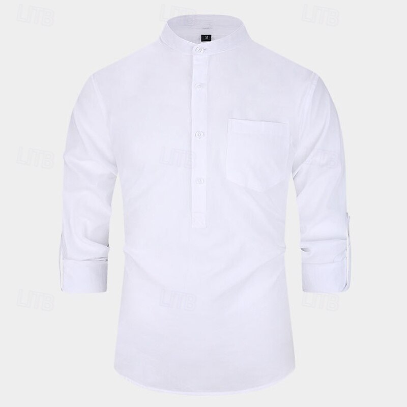 Men's Shirt Band Collar Shirt Popover Shirt Casual Shirt Black White Yellow Red Navy Blue Long Sleeve Plain Henley Daily Going out Front Pocket Clothing Apparel Elegant Fashion4