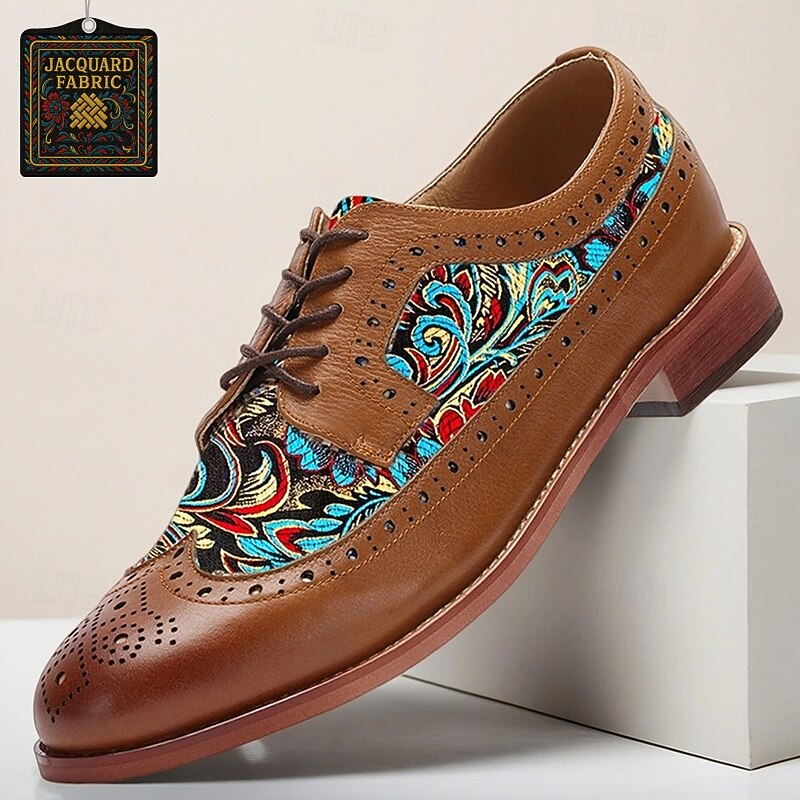 Men's Brown Leather Brogue Shoes with Blue - Green Jacquard Fabric Motif - Distinctive and Classy, Suited for Gentlemen Who Appreciate Unique Style in Daily and Social Events