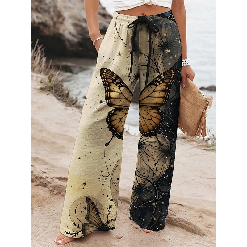 Women's Wide Leg Pants Trousers Vacation Casual Long High Waist Butterfly Elastic Waist Printing High Cut Breathability Soft Micro-elastic Vacation Street Daily Wear Black Purple Khaki Spring Fall3