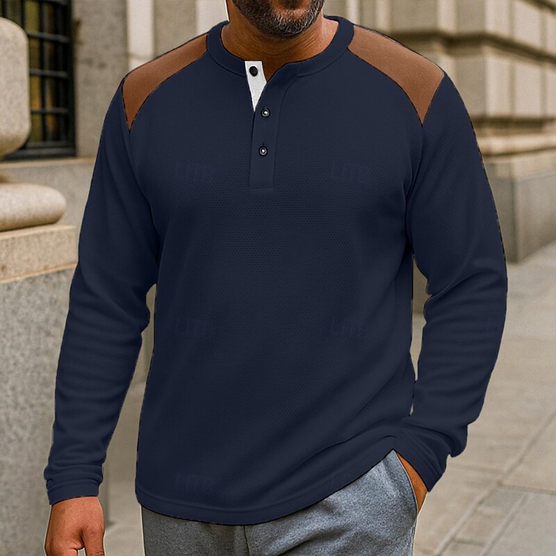 Men's Waffle Henley Shirt Tee Top Long Sleeve Henley Fall Spring &  Fall Color Block Fashion Designer Basic Color Block Vacation Street Casual Black White Red Top Tee for Men