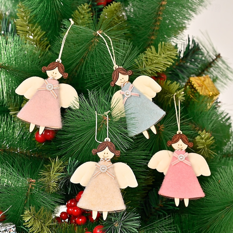 4pcs Christmas Angel Hanging Ornaments, Wooden and Felt Angel Decorations, Girl Figurine Christmas Tree Decor, Holiday Home and Party Hanging Accessories3