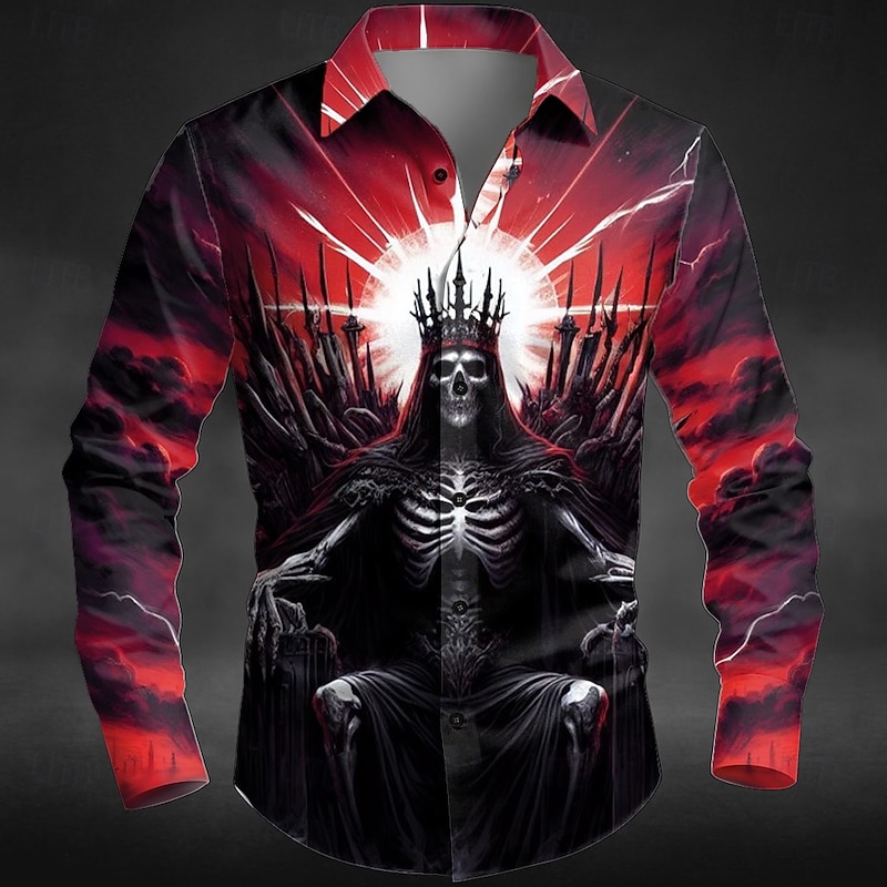 Halloween Men's Skeleton King Death Shirt Button Up Shirt Long Sleeve Dark Punk Gothic Style Outdoor Holiday Summer Spring Turndown 3D Print Collared Shirts Red Purple Orange2