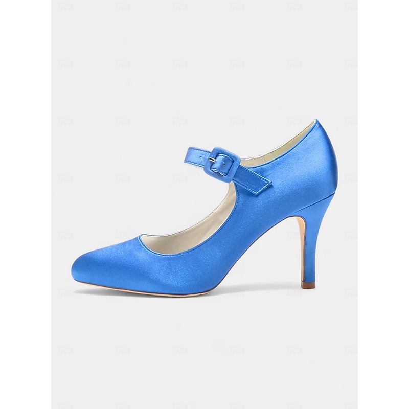 Women's Champagne Satin Mary Jane Heels with Crystal Buckle, Elegant Pointed Toe Pumps for Cocktail Parties4