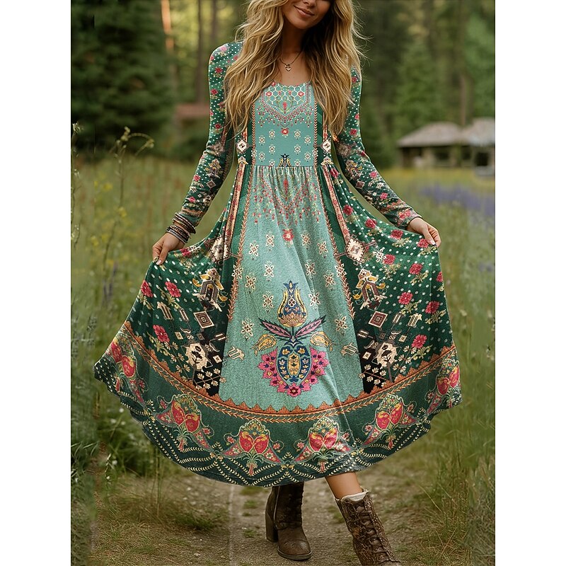 Women's Maxi Dress Fit And Flare Dress Vacation Casual Boho Party Daily Going out Regular Fit Floral Polka Dot Long Sleeve Crew Neck Blue Sky Blue Purple Green Fall Winter4