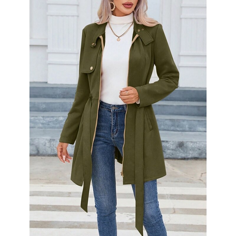 Women's Casual Jacket Warm Comfortable Lace up Zipper Pocket Casual Plain Vacation Street Casual Daily Wear Zipper Long Stand Collar Slim Long Sleeve Outerwear Black Pink Green Spring Fall4