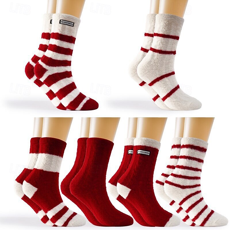 Winter Thermal Socks for Women, Thick Fuzzy Cotton Crew Socks with Plush Lining, Warm Red Striped Indoor Floor Socks, Cozy Home Sleep Socks for Cold Weather2