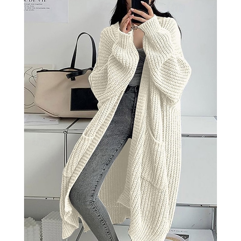 Women's Sweater Cardigan Fashion Streetwear Casual Pure Color Ribbed Open Front Pocket Knitted Long Sleeve Long Tops Knit Outdoor Daily Weekend Wine Red Black Fall Winter3