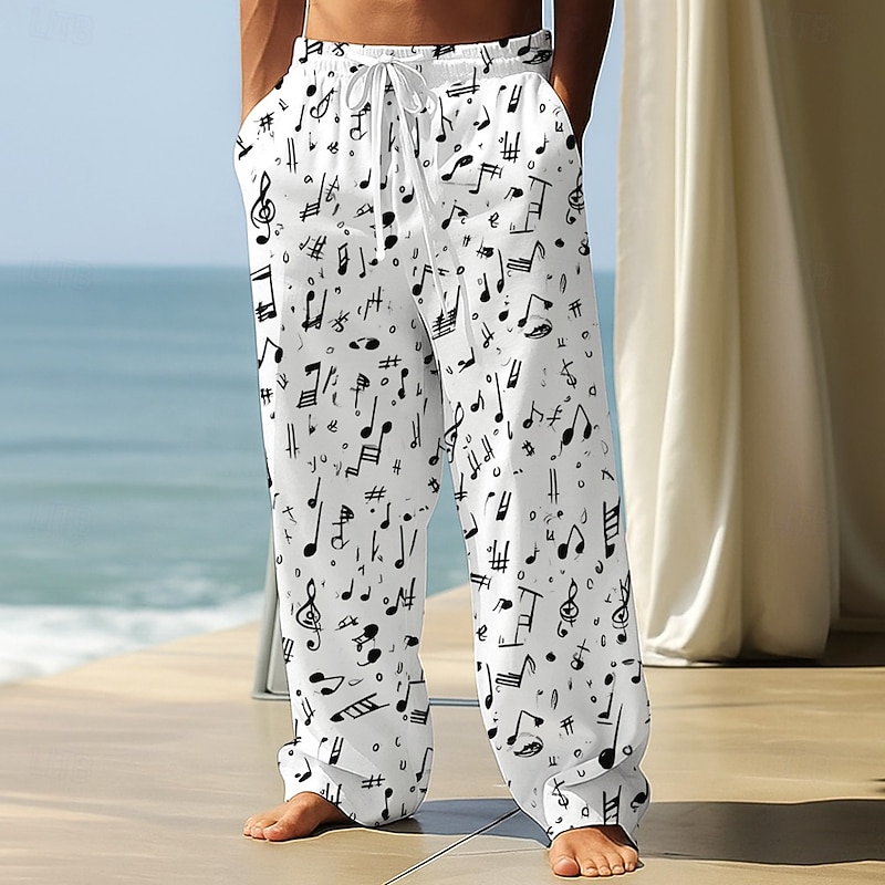 Men's Musical Notes Trousers Baggy Pants Casual Pants Mid Waist Outdoor Vacation Elastic Drawstring Waist Linen-Like Pants with Pockets Spring Fall 3D Print Black White Blue4