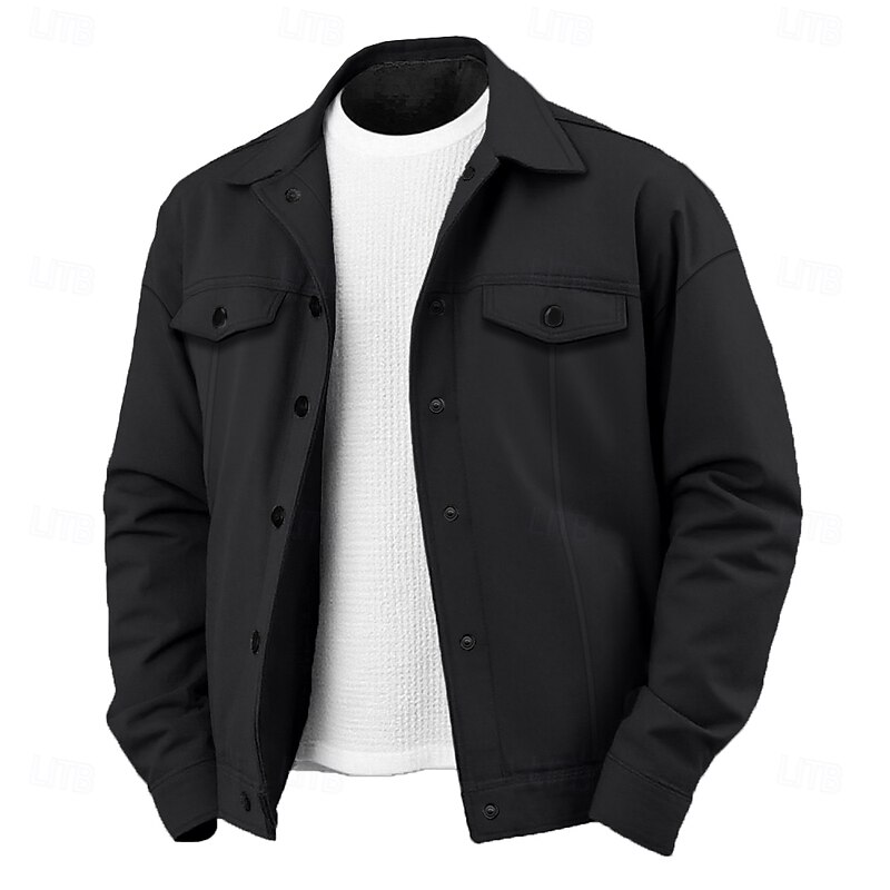 Men's Lightweight Jacket Shirt Jacket Formal Home Portable Button Front Spring Fall Winter Solid Color Active Vintage Turndown Regular Black White Brown Light Grey Jacket4