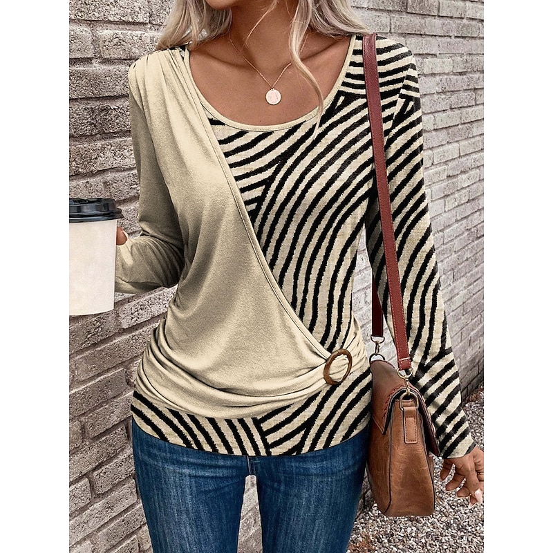 Women's T Shirt Graphic Geometric Vintage Stylish Classic Long Sleeve Crew Neck Regular Tops Daily Patchwork Print Pink Blue Green Beige Gray Spring Fall Winter