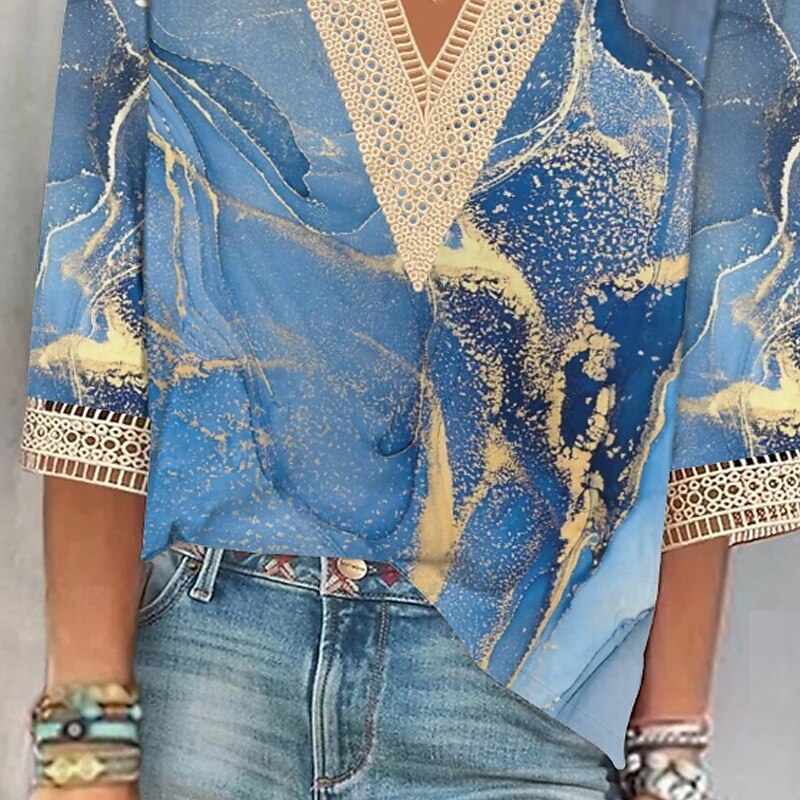 Women's Blouse Marble Modern Casual 3/4 Length Sleeve V Neck Regular Tops Daily Holiday Going out Print Blue Fall3