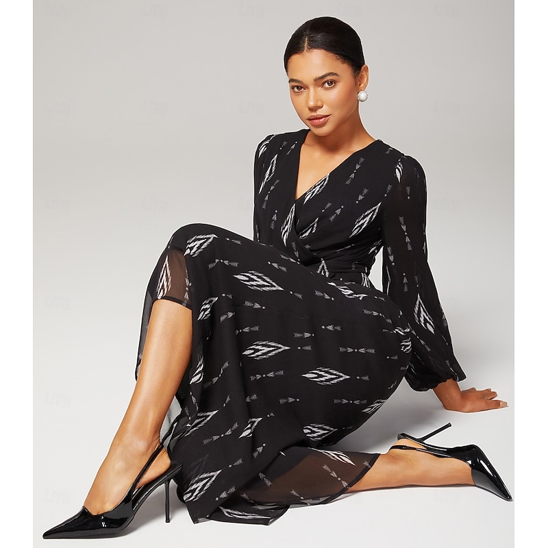 Women's Black Chiffon Printed Wide Leg Jumpsuit V Neck Waist Cinching Elegant Stylish Ideal Party Daily Wear Stand Out Spring Fall2