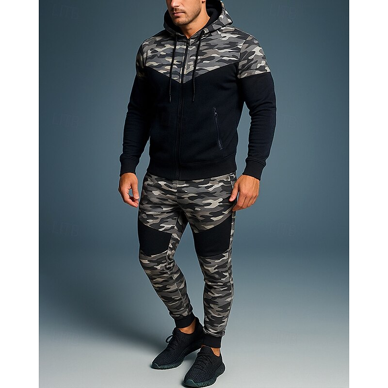 Men's Tracksuit Jogging Suit Sweatsuit Sets Full Zip Camouflage Clothing Suit Fall Light Grey Green Gym Basekeball Workout High Waist Fashion Long Sleeve Sport Activewear Micro-elastic Regular Fit