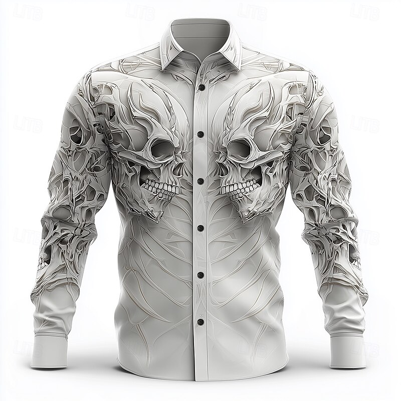 Halloween Men's Skull Skeleton Death Shirt Button Up Shirt Long Sleeve Dark Punk Gothic Style Outdoor Holiday Summer Spring Turndown 3D Print Collared Shirts White 1 White