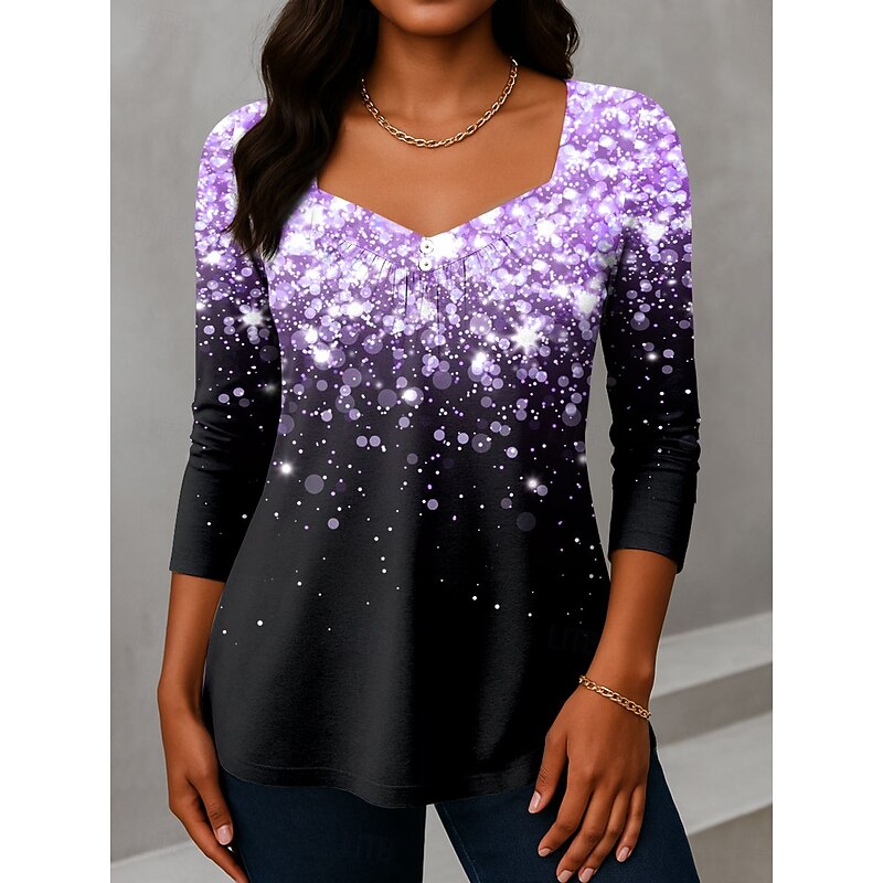 Women's T Shirt Ombre Graphic Vintage Fashion Stylish Long Sleeve V Neck Asymmetric Neck Regular Tops Daily Weekend Vacation Wear Buttons Print Pink Blue Purple Green Gray Summer Spring3